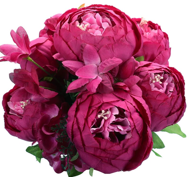 Duovlo Springs Flowers Artificial Silk Peony Bouquets Wedding Home Decoration,Pack of 1 (Spring Hot Pink) - Image 1